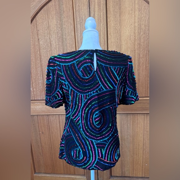 Mark & John by Gopal Vintage women’s Black SILK blouse with rainbow sequins - Picture 4 of 8